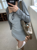 Light Hour Striped Sleeveless Dress & Silver Button Cardigan 2-piece Set (Gray)