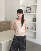 Eveni Shirring Volume Hole Short Sleeve Knit