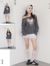 ローズエンジェルオーバーサイズフィットオフショルダーロングスリーブTシャツ