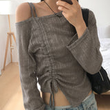 ペリン ワンショルダー ストラップ シャーリング スリット オフショルダー ロングスリーブ Tシャツ