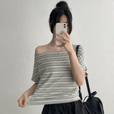 Soft and flexible half-off-shoulder striped short-sleeve T-shirt (3 colors)
