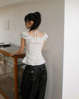 Badue Floral Strap Puff Short Sleeve Blouse