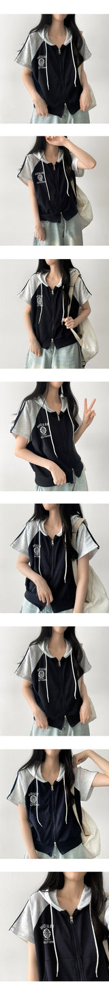Coming Two-Way Line Coloring Short Sleeve Hooded Zip-Up