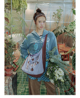 UnsocialNight original literary retro versatile カジュアル イラストプリントワンショルダークロスボディバッグ for women
