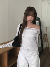 カミールオフショルダーシャーリングシースルーニット