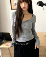 Tsuke Ribbed Button V-Neck Slim-Fit Long Sleeve Tee