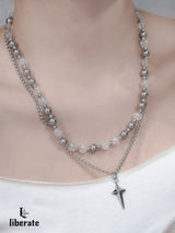 [S.Steel] Clear Beads Cross Necklace