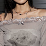 シェブローズレースオフショルダーロングスリーブTシャツ