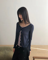 Peuang Lace Frill  See-Through V-Neck Long Sleeve Cardigan