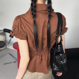 Seren Vintage Pintuck Slit Puff Sleeve Short-Sleeved Shirt