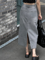 SALE! Gray washed denim back slit H-line long skirt (Gray)