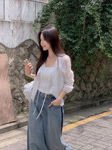 #Autumn Lace Ribbon Long Sleeve Blouse (2color)
