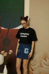 Sky Blue C Patch medium Blue Denim Mini Skirt [For women]