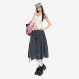 Navy Plaid Bow A-Line Midi Skirt