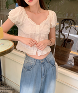 #Flower Embroidery Crop Short Sleeve Blouse (2color)