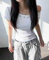 Hotcross Rivet Off-Shoulder Ribbed Crop T-Shirt 5color