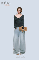 Blue Floral Deep V Long Sleeve T-shirt