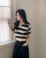 ボーダーふわふわスキッパー半袖ニット(3color)
