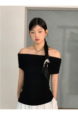 ブラック マカロン リボン オフショルダー T シャツ
