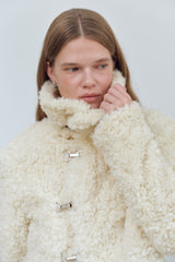 HOOK CLOSING UNBALANCE COLLAR FUR SHORT JACKET - IVORY