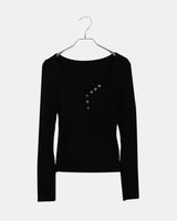 Tsuke Ribbed Button V-Neck Slim-Fit Long Sleeve Tee