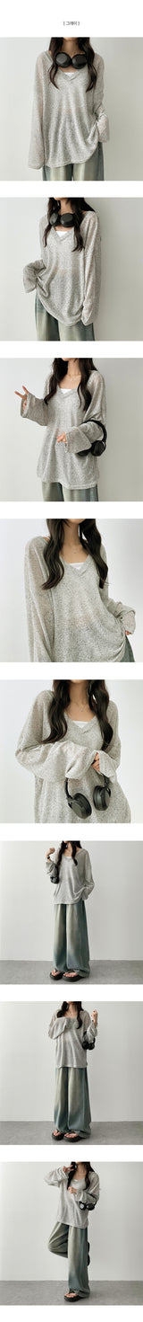 Flon Linen シースルーVネックロングスリーブTシャツ