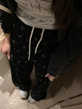 Lace ribbon banding wide pants
