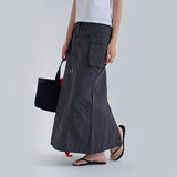  [made/free.xl] [Cheney] String A-Line Cargo Nylon Slit Long Skirt -5color