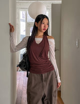 Ruffle see-through shirring drape long sleeve
