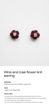 Wine and rose flower knit earring
