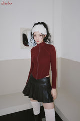 velvet line half-turtleneck zip-up slim top