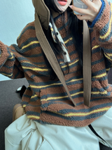 ストライプフリースワンサイドストリングアノラックニットスウェット 💙🩶🧡3COLOR