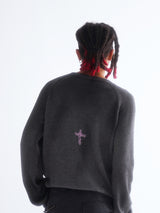 SPRAY-DYED DISTRESSED BEADED PIPE EMBROIDERY クロステンセルベルベットニットセーター