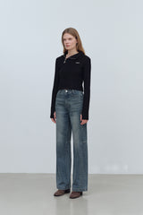 LOGO MIX UNBALANCE HALF ZIP-UP TOP - BLACK