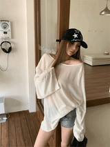 Boxy loose fit unbalanced shoulder long-sleeve T-shirt