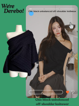 Chic black unbalanced off-shoulder knitwear