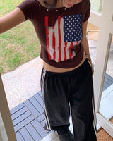 リチンアメリカンフラグスタッドリベットオフショルダー半袖Tシャツ