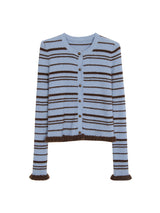 Blue stripe frill long-sleeved cardigan