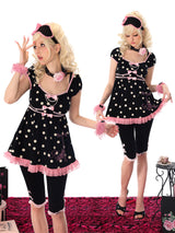 Paris girl Shining Paris Girl Eiffel Tower Print Rhinestone Pink and Black Color-Blocked Polka Dot Puff Sleeve Top and Dress