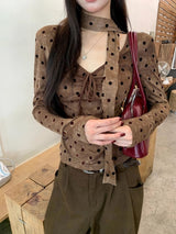 cotton wool scarf dot brown long-sleeve t-shirt