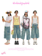 BETWEENAND summer bird illustration collaboration washed denim jeans loose and slimming cropped pants