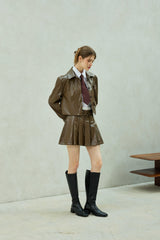 MOLLY LEATHER PLEATS SKIRT PANTS / BROWN