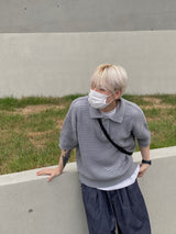 Mesh collar short sleeve knit 3C