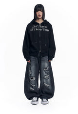 Lettering Embroidered Hoodie Zip-Up - Black