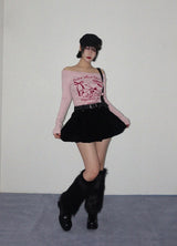VELOUR BALLOON MINI SKIRT WITH STITCH BELT SET (BLACK)