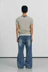 Stripe slim henley neck half t-shirts(Ivory)