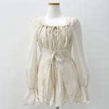 Ribbon puff strap blouse skirt pants setup SET (3 colors)