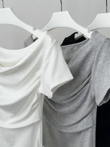 Hand shirring off-shoulder spandex short-sleeved T-shirt