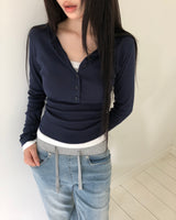 Seeun Contrast Button Long Sleeve T-Shirt