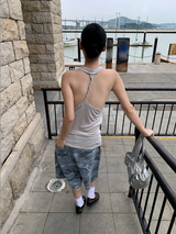 オートミール ルーズ ホルターネック ストラップ ノースリーブ Tシャツ